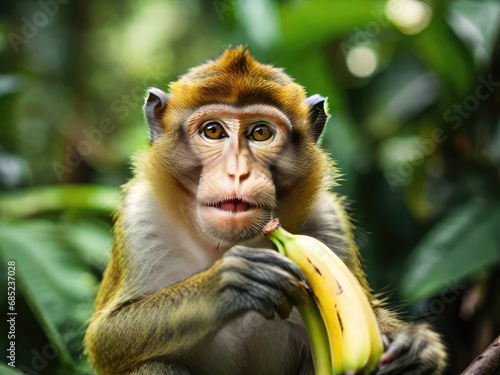 Monkey in the jungle holding a banana.Generative with AI © Marko