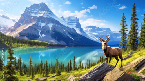 Reindeer standing by the Moraine lake panorama in Banff National Park, Alberta, Canada