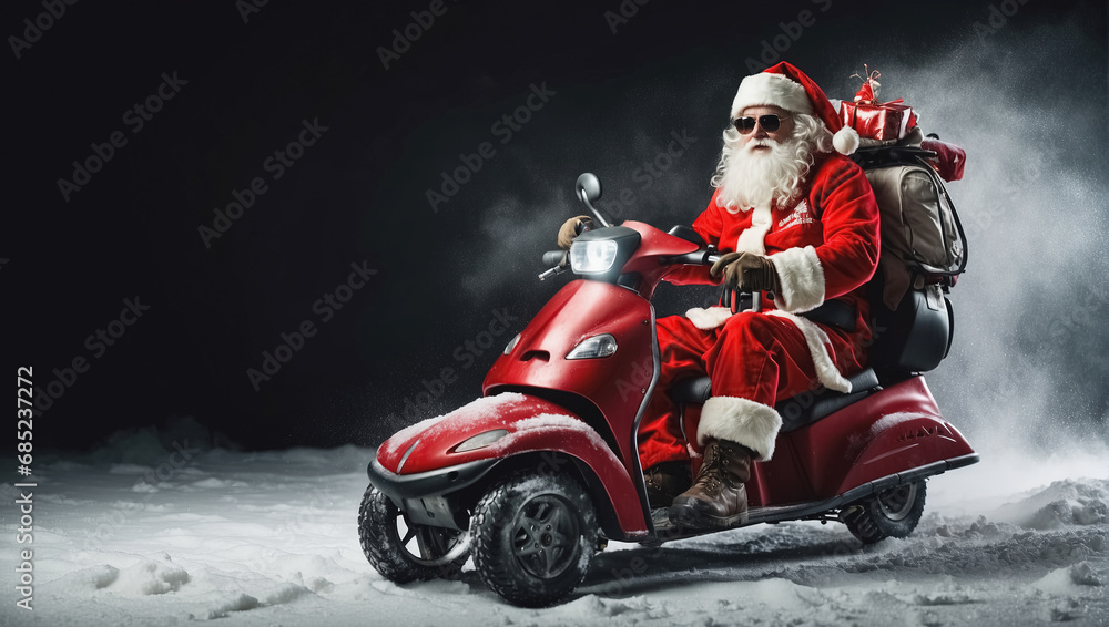 Fast Santa Claus delivering gifts on Christmas Eve, he is riding a red scooter. Generative Ai