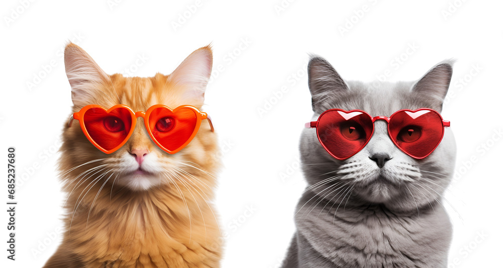 Cute Valentine’s Day Cats in Orange and Grey with Heart-Shaped Sunglasses, Isolated on Transparent Background, PNG