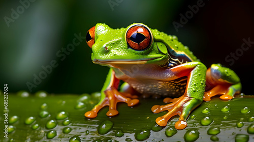 Tree frog Hypsiboas geograficus peeping over green leaf amphibians are mainly nocturnal and many exotic species,Generated with AI. © About