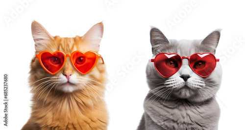 Cute Valentine’s Day Cats in Orange and Grey with Heart-Shaped Sunglasses, Isolated on Transparent Background, PNG