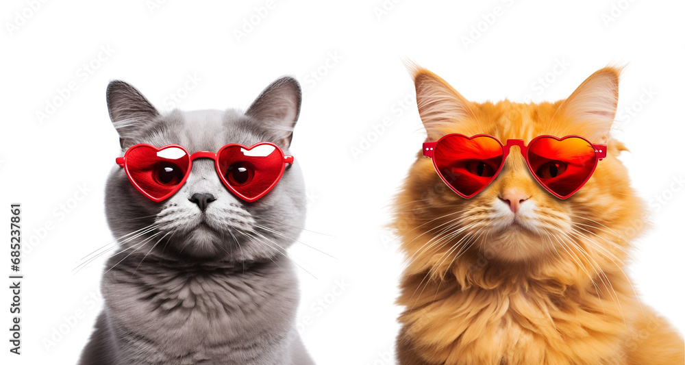 Valentine’s Day Cats: Cute Orange and Grey Felines with Heart-Shaped Sunglasses, Isolated on Transparent Background, PNG