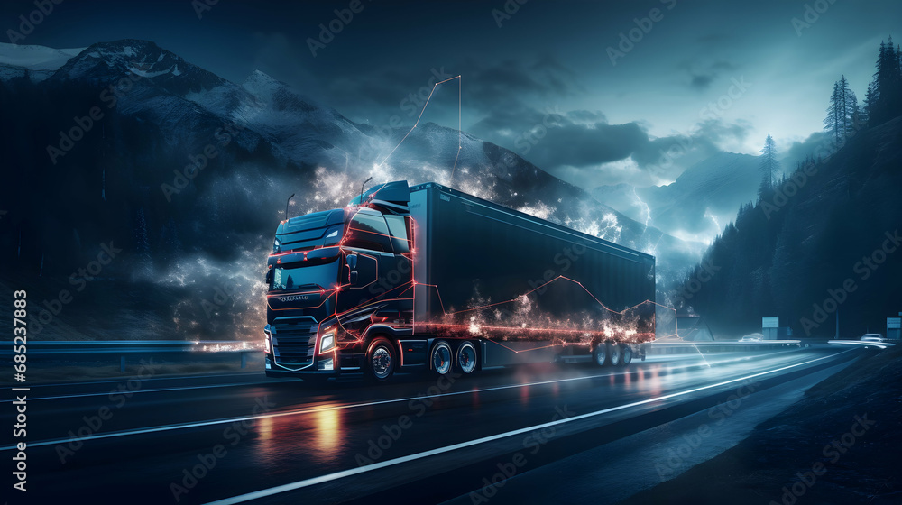 Trucking through the dark landscape delivering fuel for industry generated by AI Trucking through the dark landscape delivering fuel for industry generated by AI