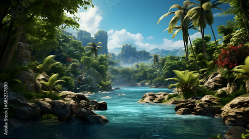 Tropical river with palm trees on both shores,Generated with AI.