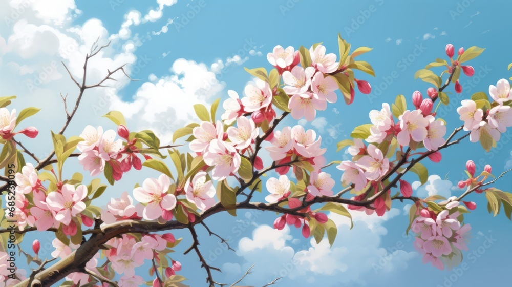 Spring cherry blossoms blooming on a pink background