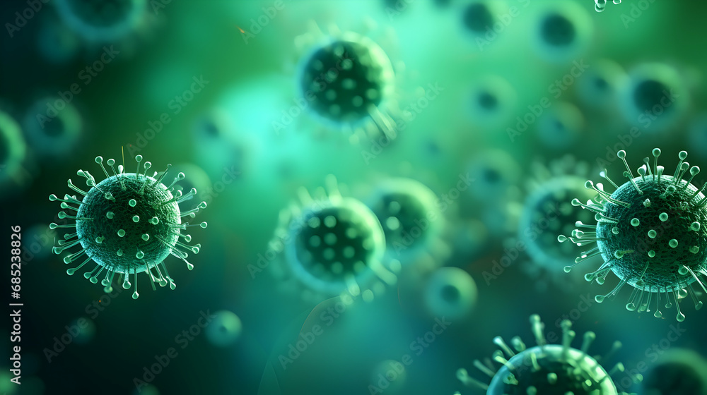 virus cells in a green background, 3d illustration,Generated with AI. virus cells in a green background, 3d illustration,Generated with AI.