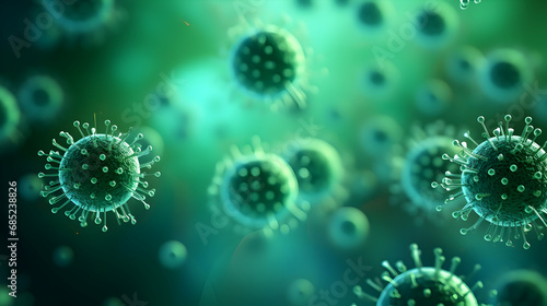 virus cells in a green background  3d illustration Generated with AI.