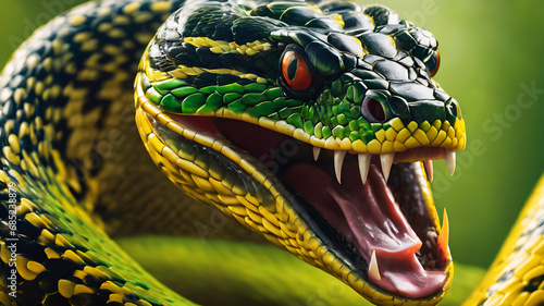 Portrait of a dangerous green snake. Generative AI photo