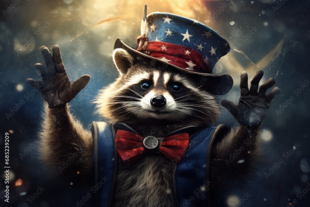 Raccoon as a magician, pulling items out of a hat with a flourish Raccoon as a magician, pulling items out of a hat with a flourish