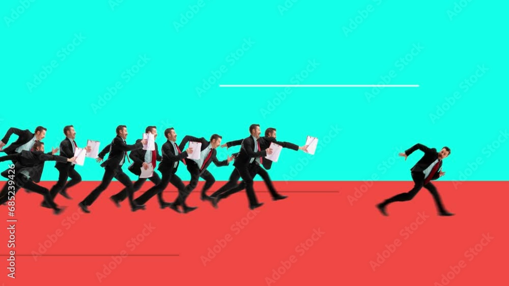 Escaping working tasks and deadlines. Group of men in formal wear running with papers to team leader. Stop motion, animation. Concept of personal and professional growth, business Escaping working tasks and deadlines. Group of men in formal wear running with papers to team leader. Stop motion, animation. Concept of personal and professional growth, business