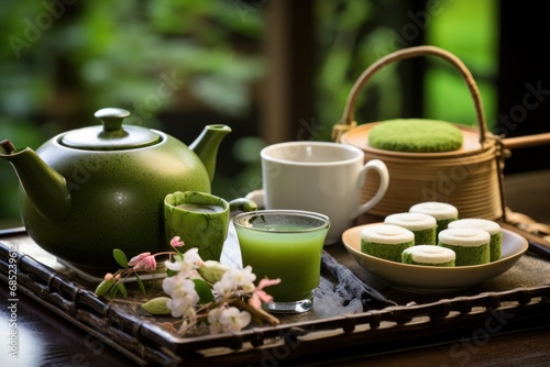 A Japanese tea ceremony with matcha, mochi, and traditional sweets