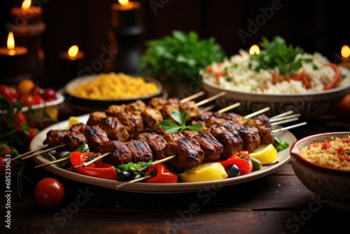 Middle Eastern feast with kebabs, couscous, and baklava