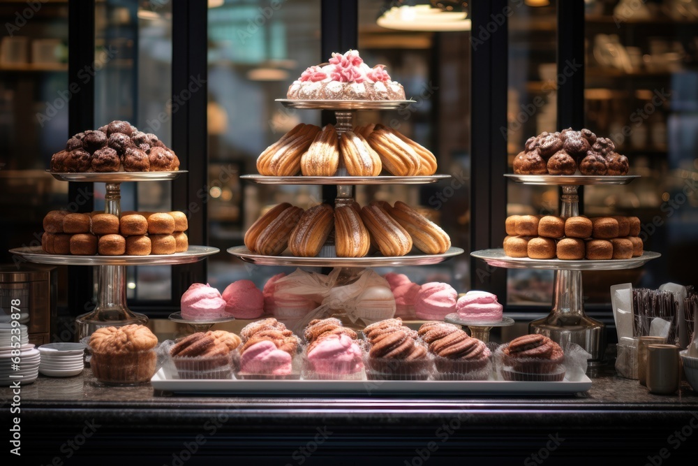 A French patisserie display with croissants, macarons, and clairs