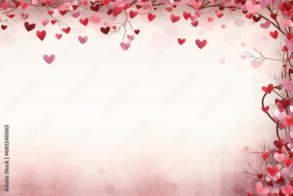 Valentine's Day border design with red and pink hearts and romantic motifs surrounding a blank space.