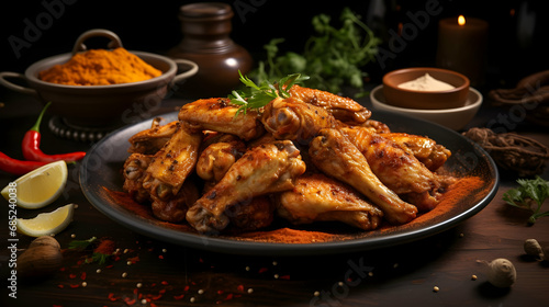 A plate of food with chicken wings and spices on a wooden table, Generated With Ai. © About