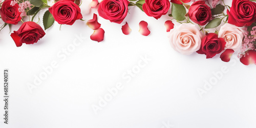 Fototapeta Naklejka Na Ścianę i Meble -  Valentine's Day border design with red roses and romantic motifs surrounding a blank background.