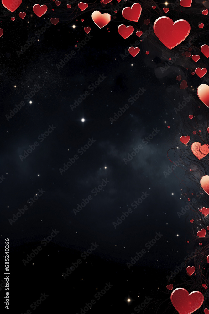Valentine's Day border design with red hearts and romantic motifs surrounding a black background. Valentine's Day border design with red hearts and romantic motifs surrounding a black background.