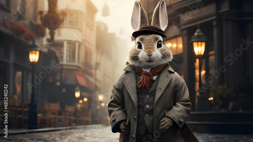 A rabbit in a coat stands on a platform in a city, Generated With Ai. © About