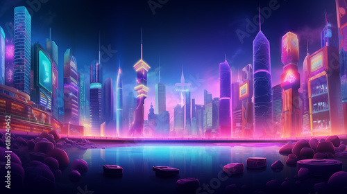 Futuristic night city. Cityscape on a dark background with bright and glowing neon purple and blue lights.