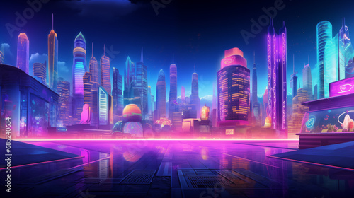 Futuristic night city. Cityscape on a dark background with bright and glowing neon purple and blue lights.