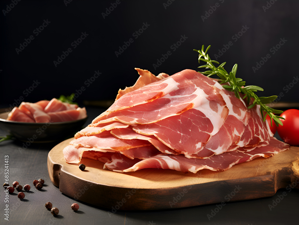 Stack of Cured Italian Ham and Fresh Herbs on Wood Surface. Aromatic Prosciutto with Rosemary Sprig, Gourmet Food Setting. Sliced jamon on a wooden board on dark background with herbs and tomato