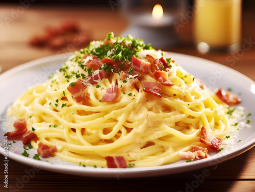 Creamy Carbonara Pasta with Crisp Bacon and Parsley. Italian Spaghetti Carbonara with Bacon Toppings. Carbonara with pancetta, parmesan and creamy sauce of egg yolks garnished with fresh parsley