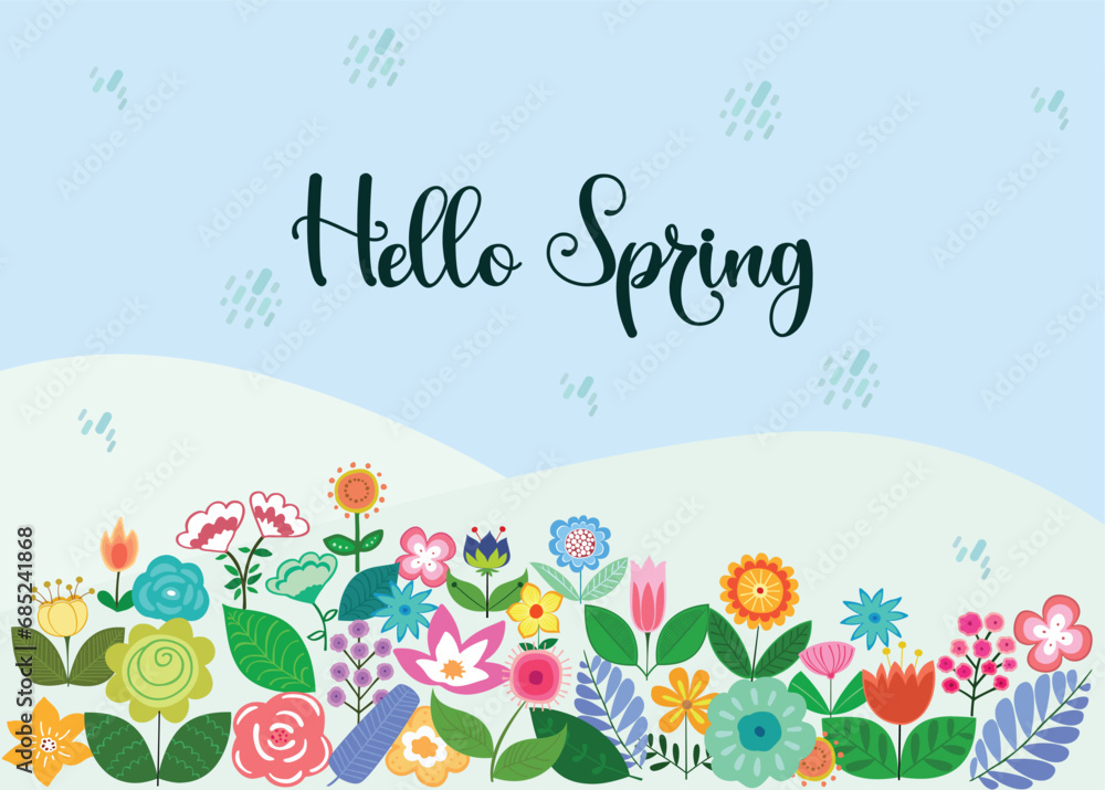 Hello Srping greeting card flat vector in hand drawn style. Lettering spring season with leaves and flowers for greeting card, invitation template. Spring time.