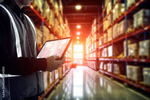 Smart warehouse management system.Worker hands holding tablet on blurred warehouse as background.