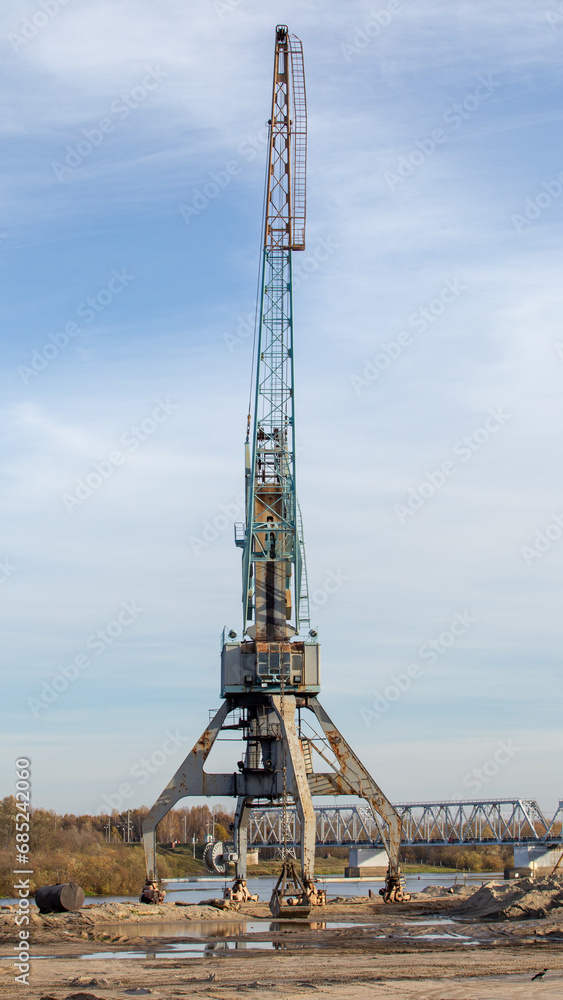 Port crane in the river port of the city of Bobruisk.