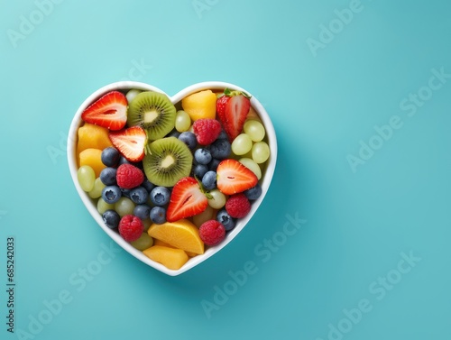 Fruit salad in a heart-shaped plate on a pastel blue background with studio lights
