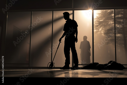 Silhouette of janitor cleaning service male guy on duty in artistic shot