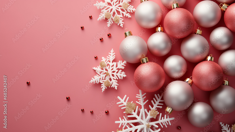 Christmas baubles and snowflakes flat-lay closeup isolated on pink background. Flat lay, top view, with space for text. Winter traditional holidays. Merry Christmas and Happy New Year concept Christmas baubles and snowflakes flat-lay closeup isolated on pink background. Flat lay, top view, with space for text. Winter traditional holidays. Merry Christmas and Happy New Year concept