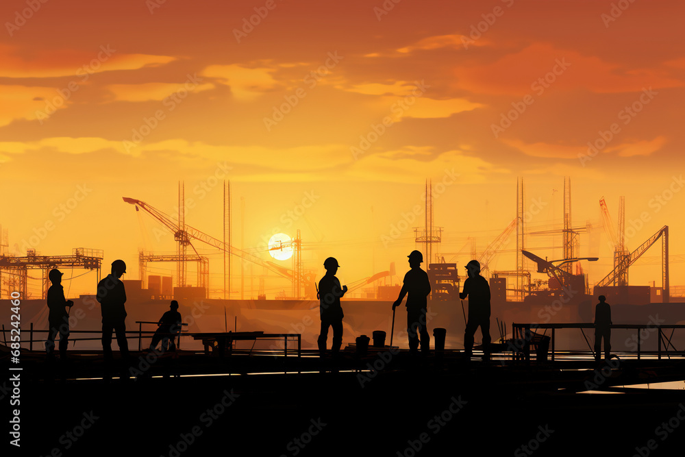 Silhouette of engineer and construction team working at site over blurred background sunset pastel for industry background with Light fair. Silhouette of engineer and construction team working at site over blurred background sunset pastel for industry background with Light fair.