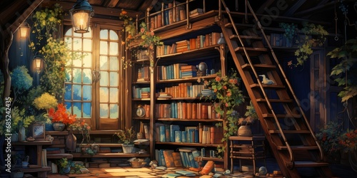 a wall filled wth books, a chair, and a ladder, in the style of whimsical anime