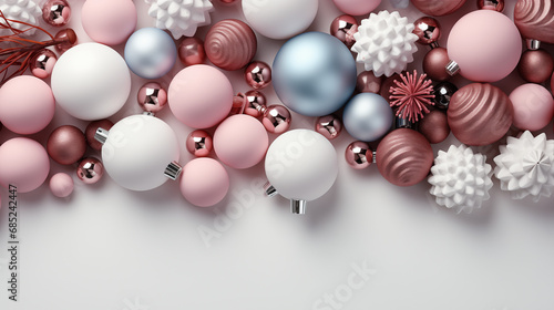 Christmas baubles flat-lay closeup isolated on pink background. Flat lay, top view, with space for text. Winter traditional holidays. Merry Christmas and Happy New Year concept