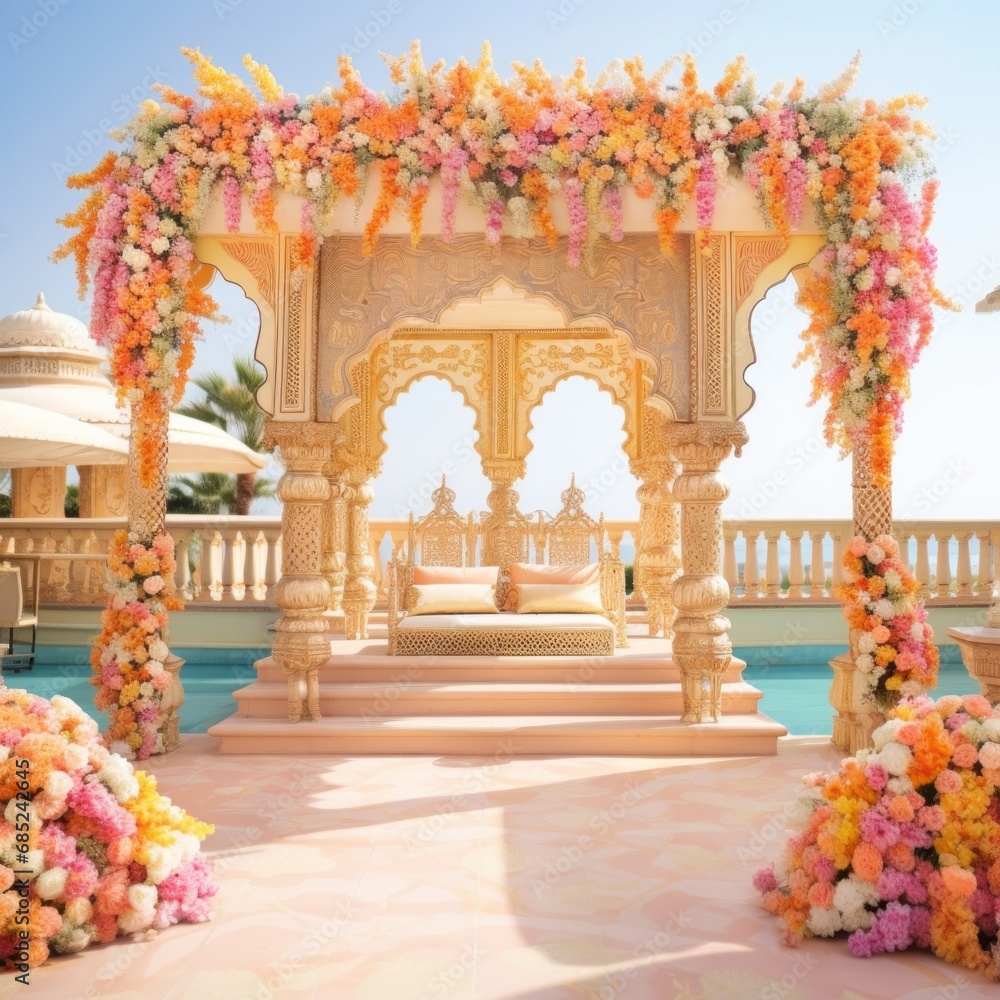 Obraz premium Wedding arch of flowers in the park