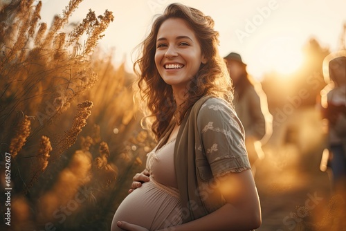 Pregnant woman smiling at her growing belly, cherishing the joy of maternity in the third trimester ,  photo