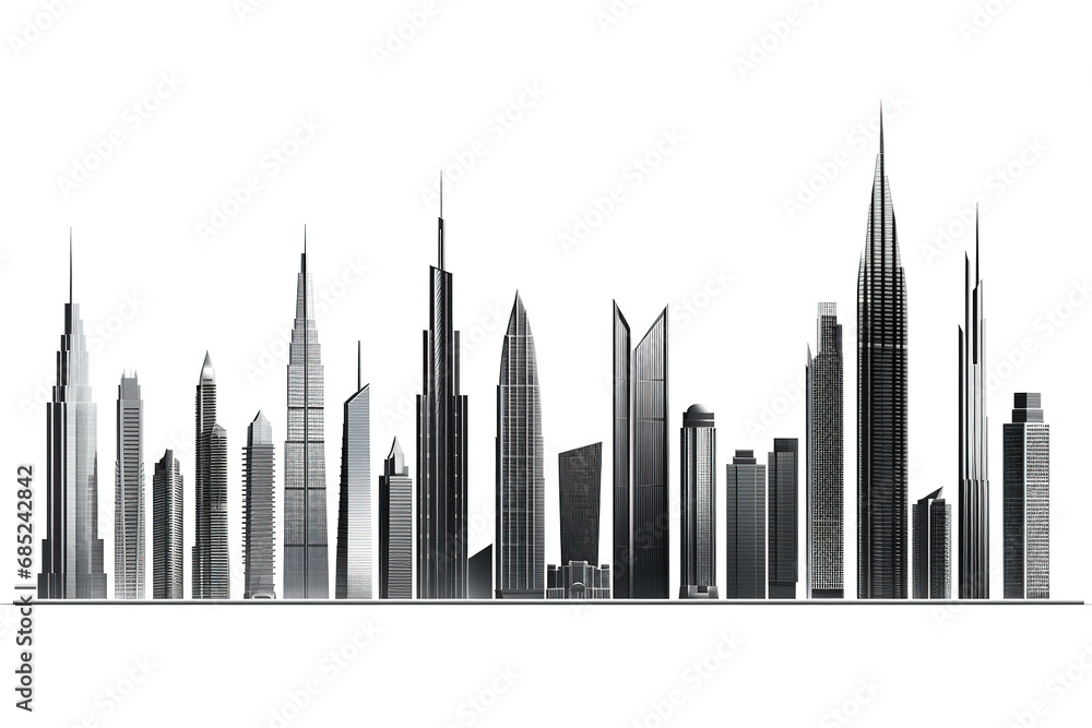 Set of different skyscraper buildings isolated on white