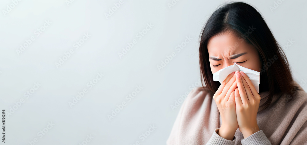 Young Asian woman with flu or allergy with running nose. Banner - obrazy, fototapety, plakaty 