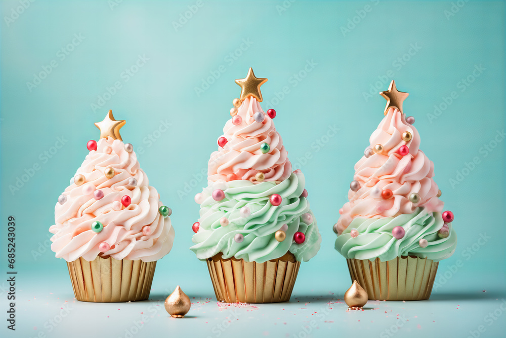 Christmas tree shaped cupcakes on a pastel blue background, pink and gold colors, holiday dessert Christmas tree shaped cupcakes on a pastel blue background, pink and gold colors, holiday dessert