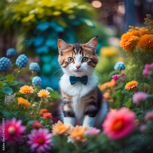 Beautiful tabby kitten wearing a bow tie in a flower garden