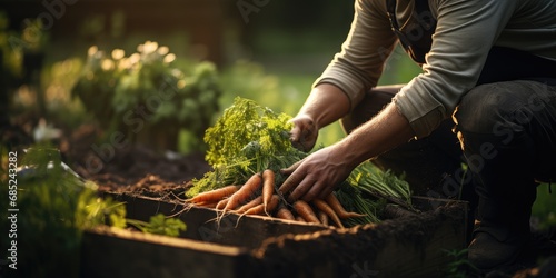a man is picking carrots in a wooden box on a vegetable garden