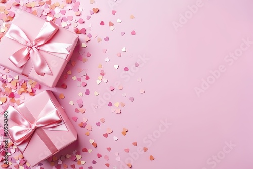 Colorful pink gift package with ribbon on pink background with heart shaped confetti  concept for birthdays  holiday events or other celebrations  Flat lay