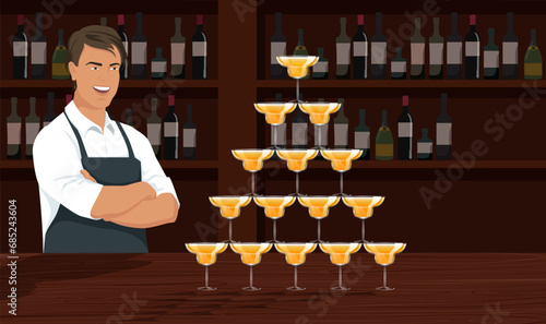 Brutal bartender showing orange cocktail glass pyramid standing near bar counter. Alcohol bar with wine bottles, man in formal wear preparing cocktail. Cartoon design, pub concept. Vector illustration