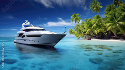 Premium yacht at sea on a paradise sandy beach with stunning palm trees. Yacht against the backdrop of a tropical island. © Evgeniia