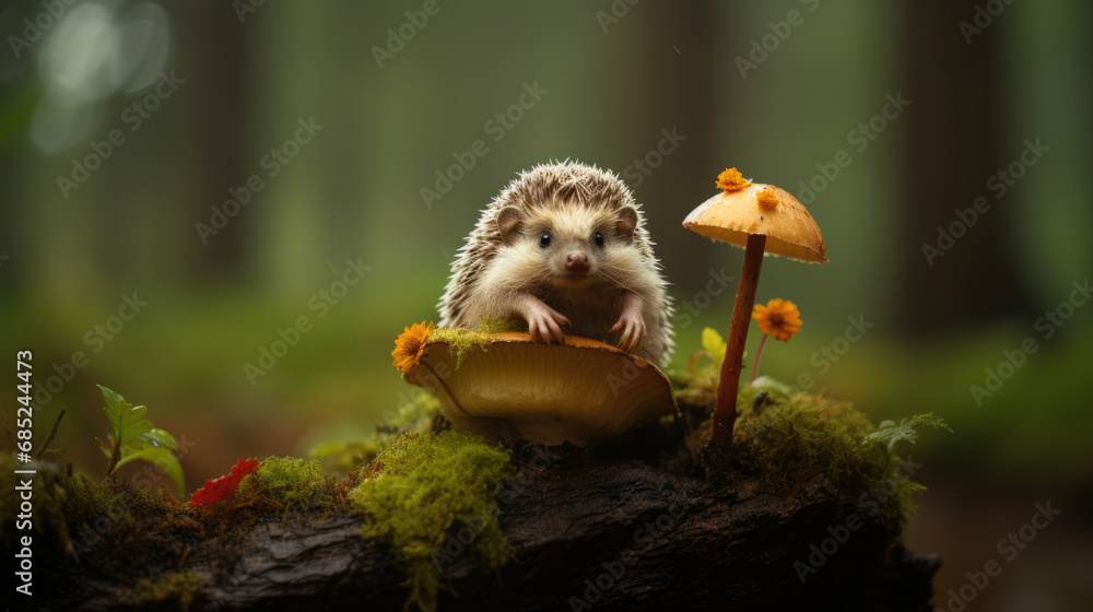 Obraz premium cute hedgehog sits on a mushroom against the background of the forest.
