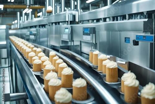 Conveyor belt containing ice cream cones at a contemporary food manufacturing facility. manufacturing and the dairy sector