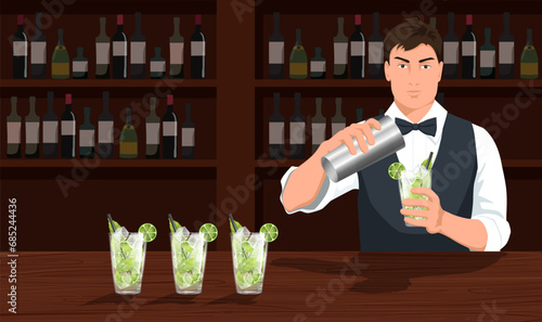 Brutal bartender shaking mojito standing near bar counter. Alcohol bar with wine bottles, man in formal suit preparing cocktail. Cute cartoon design, pub concept. Vector illustration