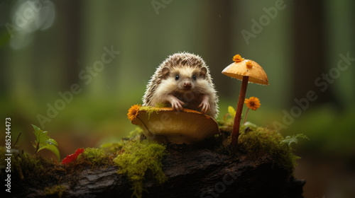 cute hedgehog sits on a mushroom against the background of the forest.